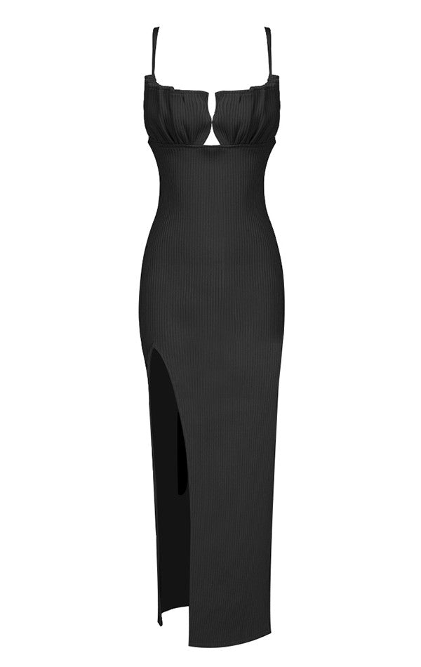 Draped Bustier Ribbed Midi Dress Black