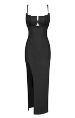 Draped Bustier Ribbed Midi Dress Black