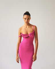 Draped Bustier Ribbed Midi Dress Hot Pink