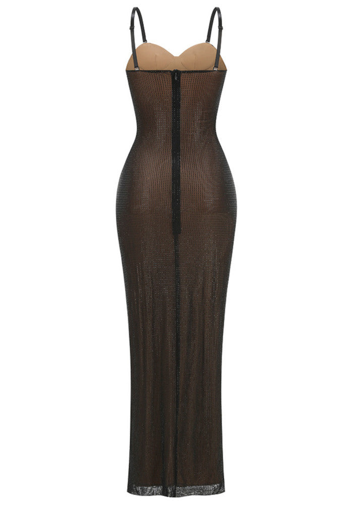 Draped Bustier Sparkly Maxi Dress Black