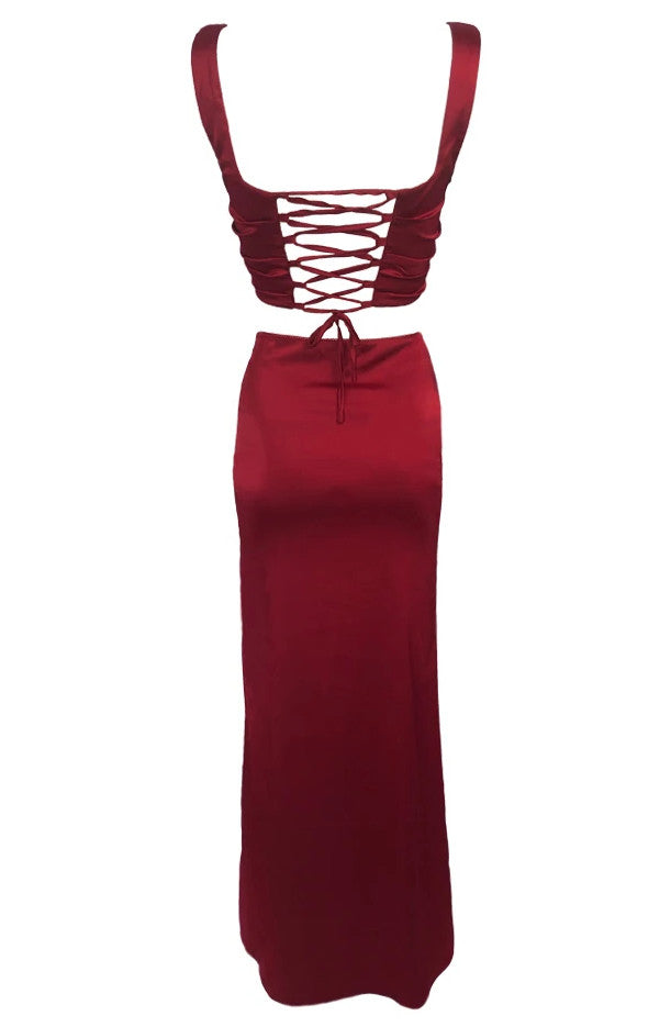 Draped Corset Two Piece Maxi Dress Red
