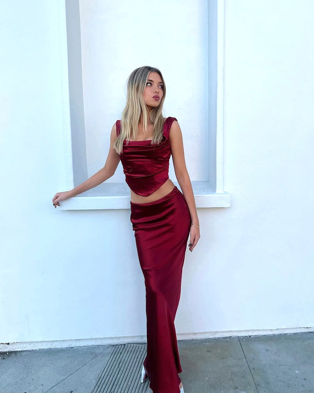 Draped Corset Two Piece Maxi Dress Red