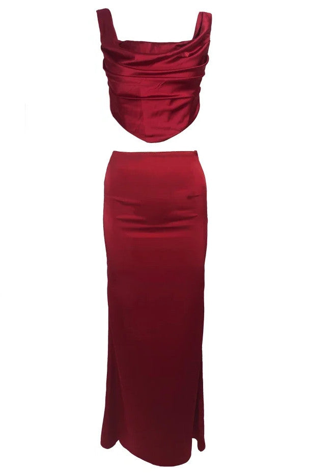 Draped Corset Two Piece Maxi Dress Red