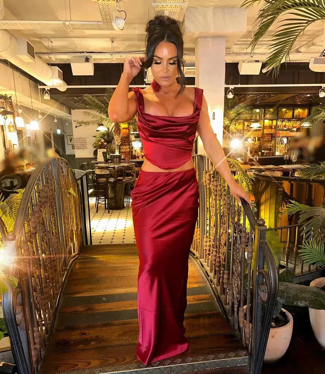 Draped Corset Two Piece Maxi Dress Red
