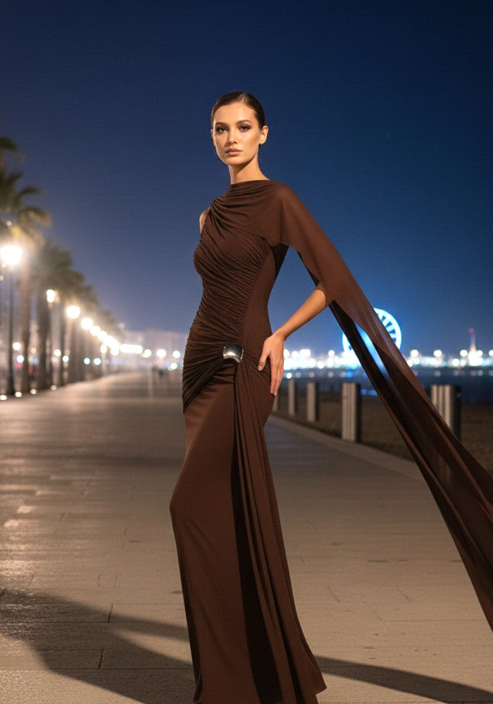 Draped Design Scarf Maxi Dress Brown