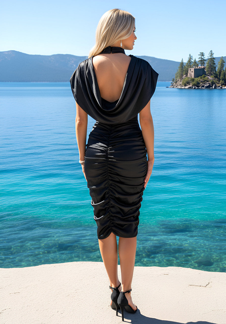 Draped Lace Insert Midi Dress Black