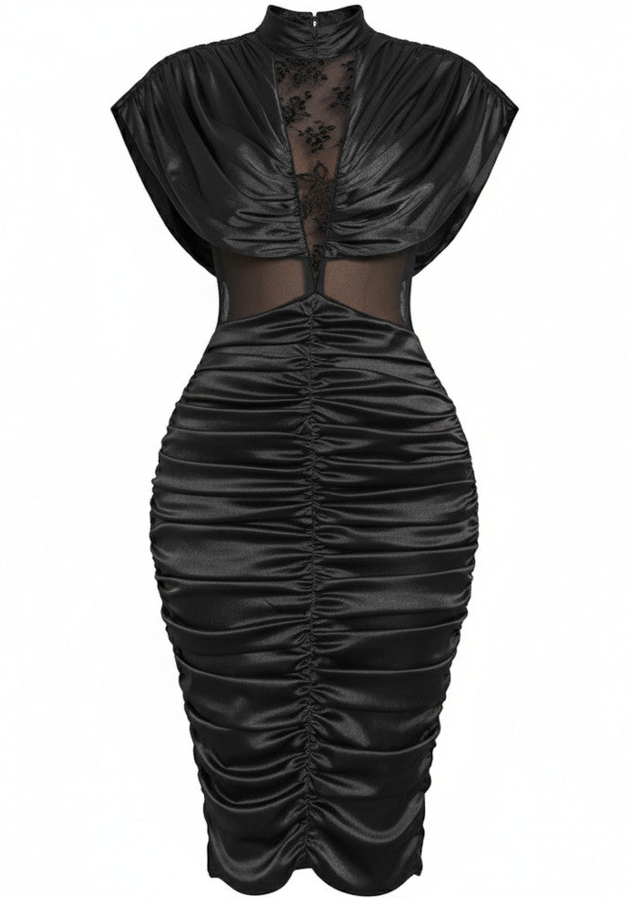 Draped Lace Insert Midi Dress Black