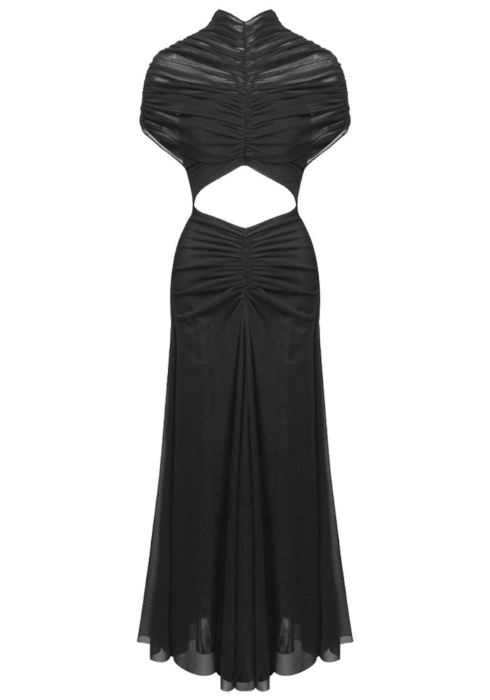 Draped Mesh A Line Maxi Dress Black