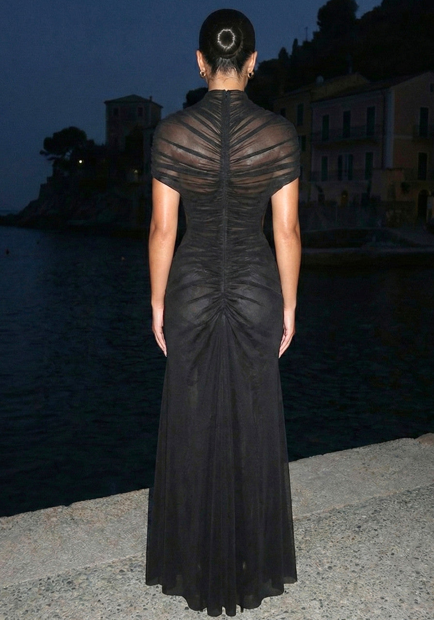 Draped Mesh A Line Maxi Dress Black