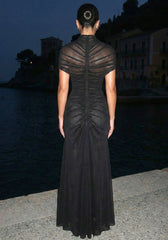 Draped Mesh A Line Maxi Dress Black