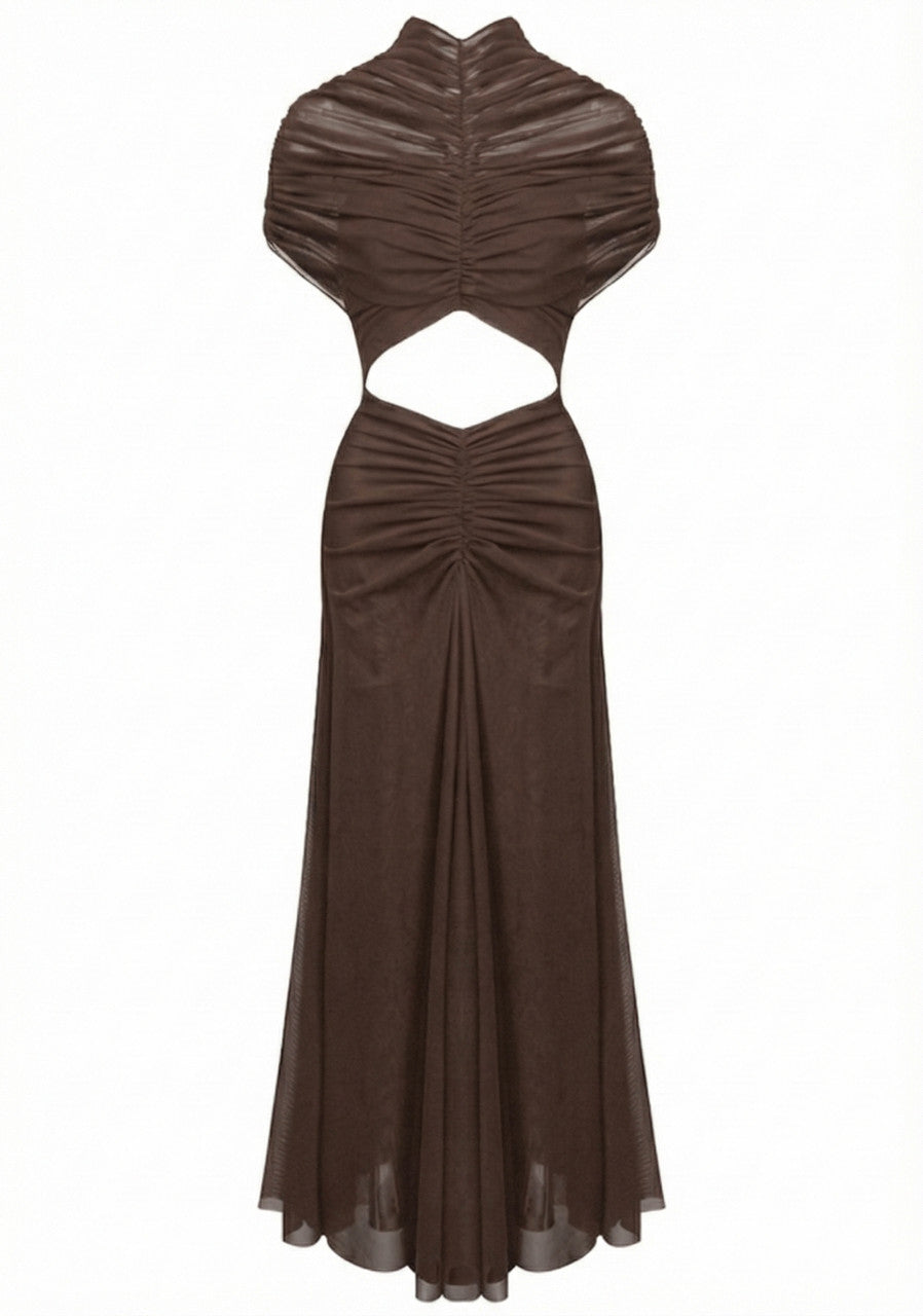 Draped Mesh Cut Out A Line Maxi Dress Brown