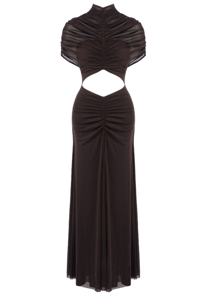 Draped Mesh A Line Maxi Dress Brown