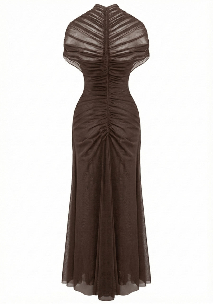 Draped Mesh Cut Out A Line Maxi Dress Brown