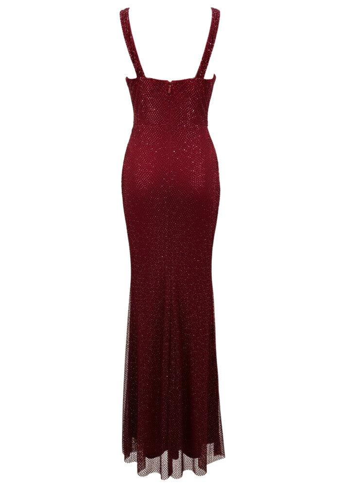 Draped Design Sparkly Maxi Dress Burgundy