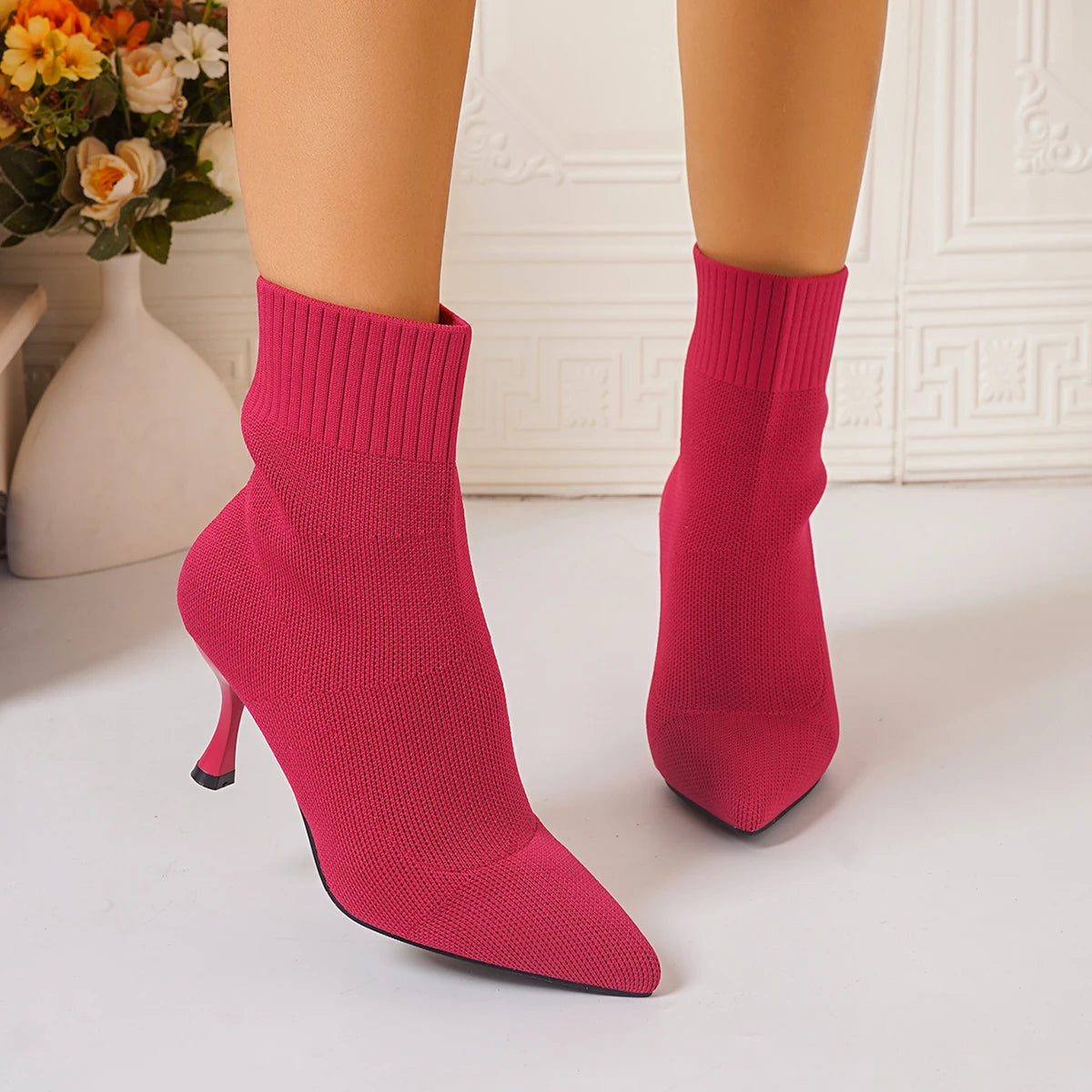 Elastic Sock Stiletto Slip-On Pointed Toe High-heeled Knitted Ankle Boots