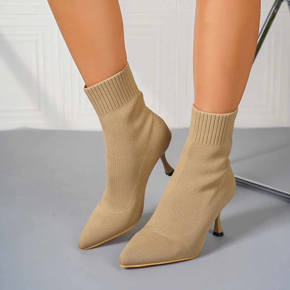 Elastic Sock Stiletto Slip-On Pointed Toe High-heeled Knitted Ankle Boots