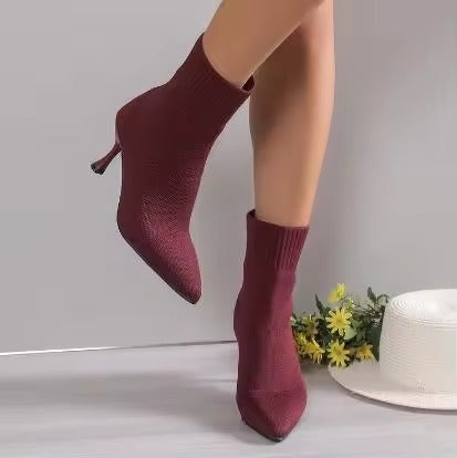 Elastic Sock Stiletto Slip-On Pointed Toe High-heeled Knitted Ankle Boots