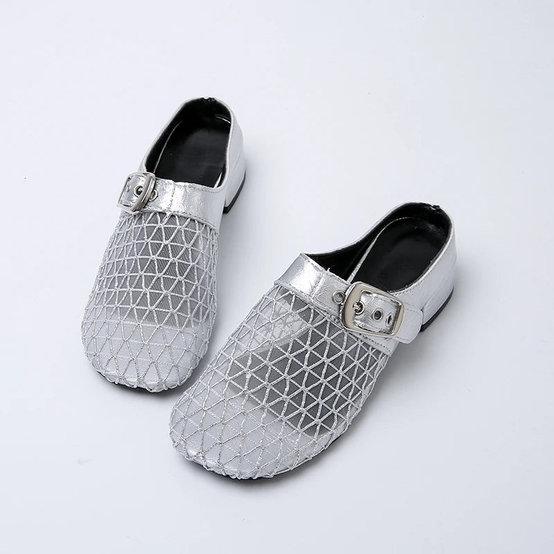 Elegant Air Mesh Mesh Metal Buckle Slides Square Heel Heeled Sandals