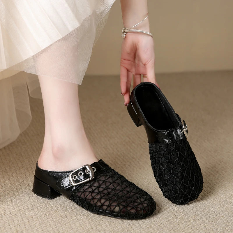 Elegant Air Mesh Mesh Metal Buckle Slides Square Heel Heeled Sandals