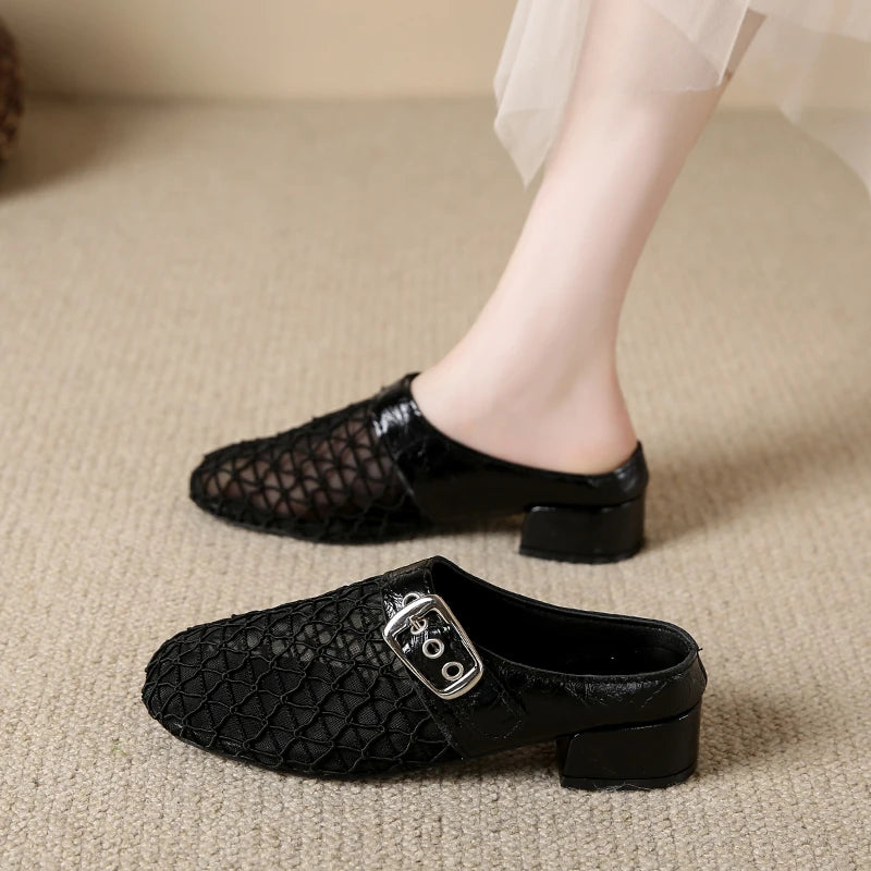 Elegant Air Mesh Mesh Metal Buckle Slides Square Heel Heeled Sandals