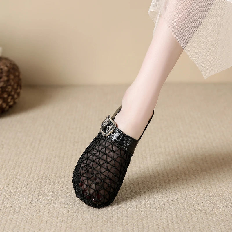 Elegant Air Mesh Mesh Metal Buckle Slides Square Heel Heeled Sandals