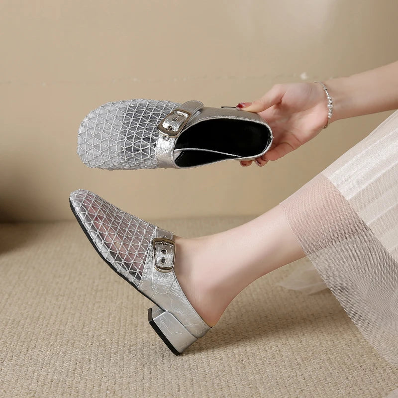 Elegant Air Mesh Mesh Metal Buckle Slides Square Heel Heeled Sandals