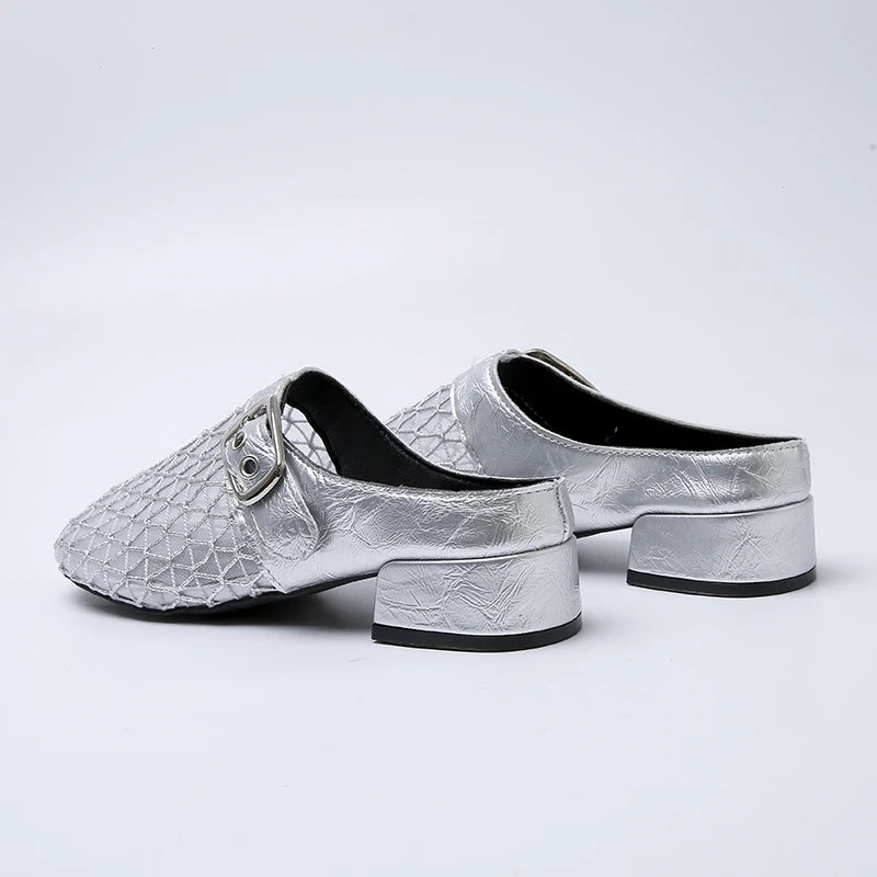 Elegant Air Mesh Mesh Metal Buckle Slides Square Heel Heeled Sandals