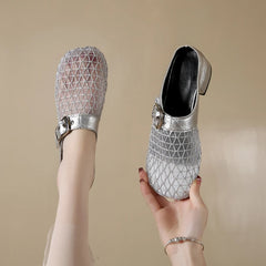 Elegant Air Mesh Mesh Metal Buckle Slides Square Heel Heeled Sandals