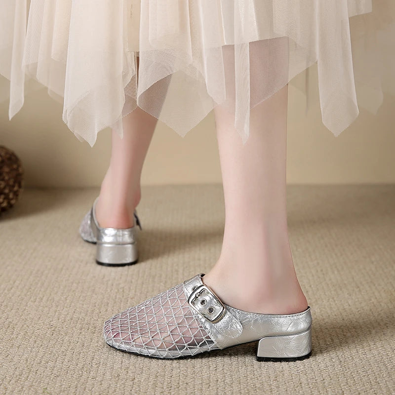 Elegant Air Mesh Mesh Metal Buckle Slides Square Heel Heeled Sandals