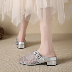 Elegant Air Mesh Mesh Metal Buckle Slides Square Heel Heeled Sandals