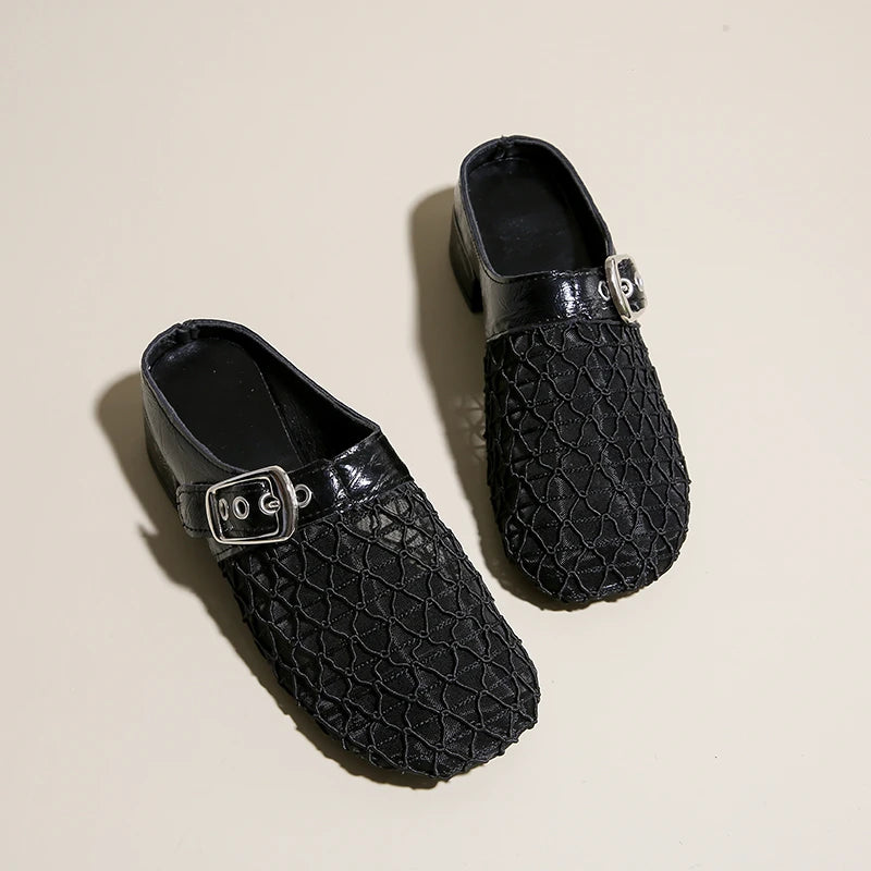 Elegant Air Mesh Mesh Metal Buckle Slides Square Heel Heeled Sandals