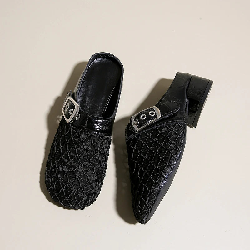 Elegant Air Mesh Mesh Metal Buckle Slides Square Heel Heeled Sandals