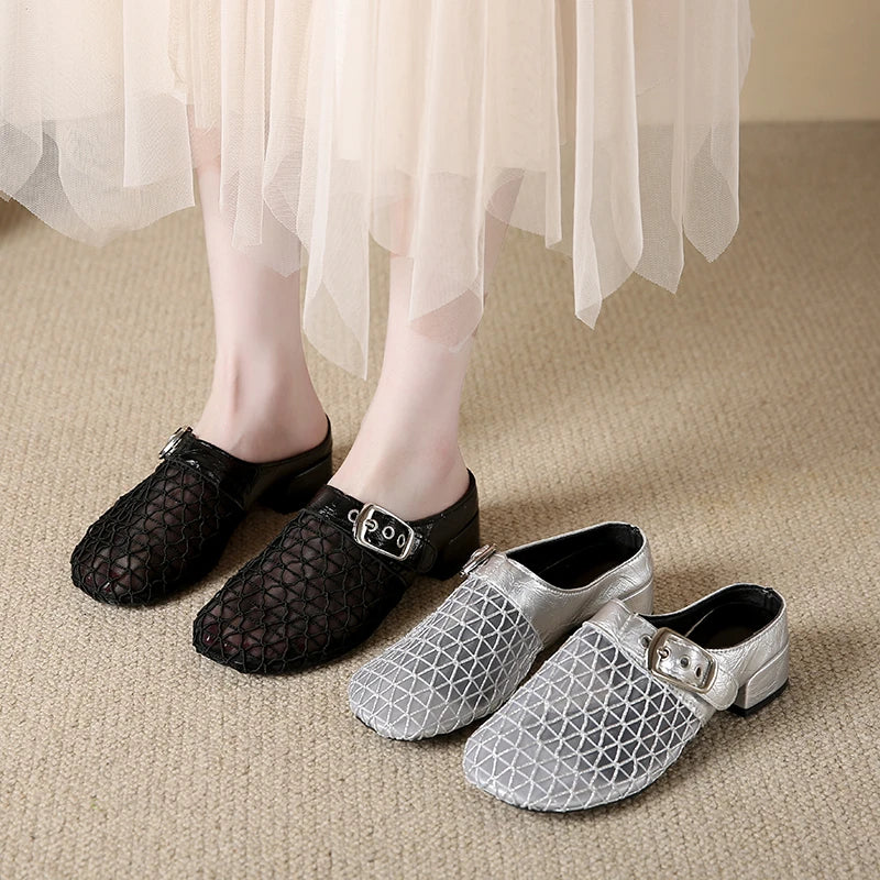Elegant Air Mesh Mesh Metal Buckle Slides Square Heel Heeled Sandals