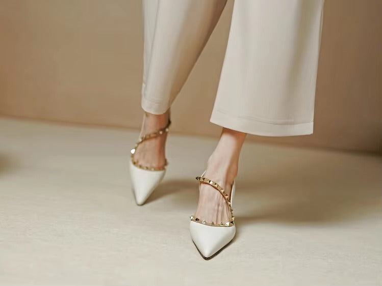 Elegant Ankle Strap Leather Rivet Pointed Toe Thin High Heel