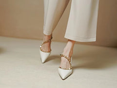 Elegant Ankle Strap Leather Rivet Pointed Toe Thin High Heel