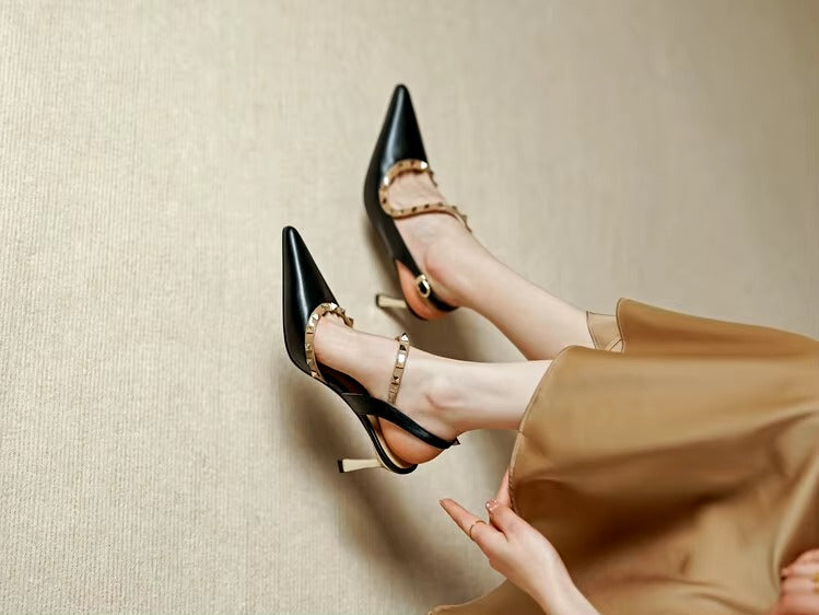 Elegant Ankle Strap Leather Rivet Pointed Toe Thin High Heel