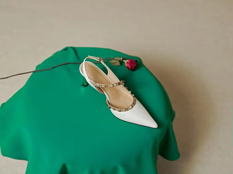 Elegant Ankle Strap Leather Rivet Pointed Toe Thin High Heel
