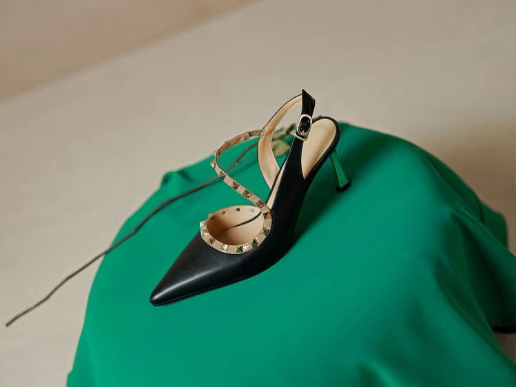 Elegant Ankle Strap Leather Rivet Pointed Toe Thin High Heel