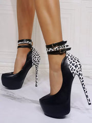 Elegant Ankle Strap PU Leather Round Toe High Heels