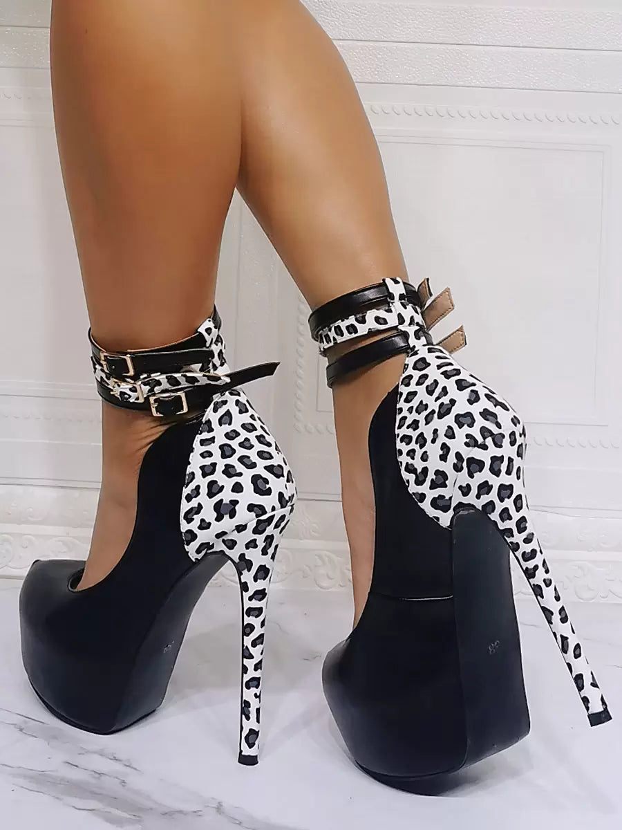 Elegant Ankle Strap PU Leather Round Toe High Heels