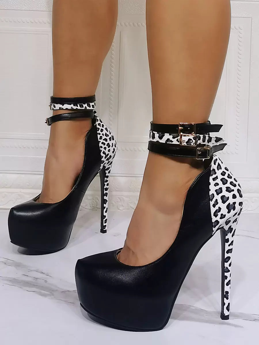 Elegant Ankle Strap PU Leather Round Toe High Heels