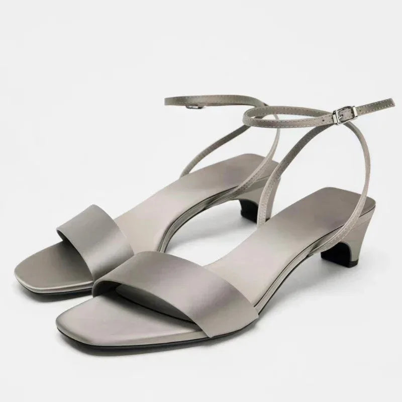 Elegant Cross-tied Ankle Strap Satin Square Toe Low Heeled Sandals
