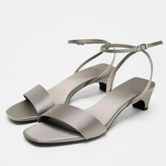 Elegant Cross-tied Ankle Strap Satin Square Toe Low Heeled Sandals