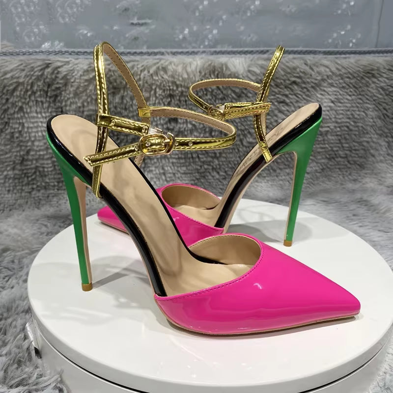 Elegant Ankle Strap Stiletto Pointy Toe Backless Pumps High Heels