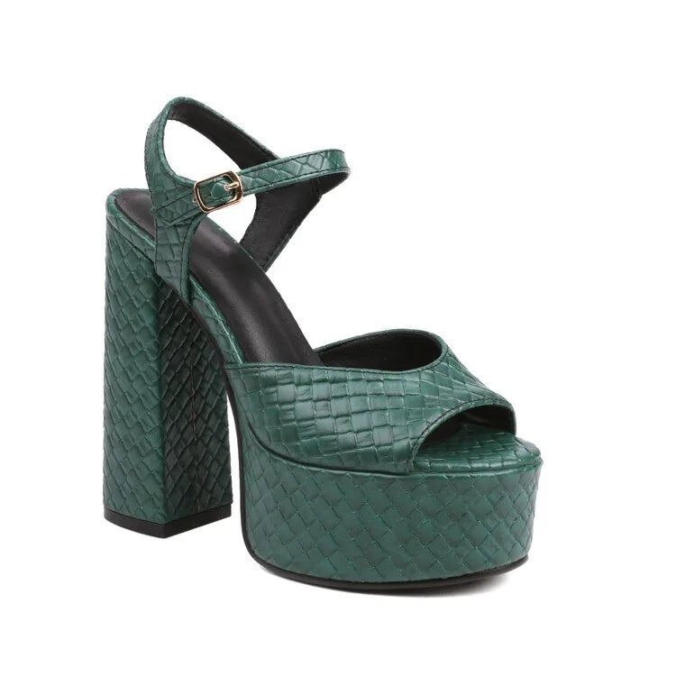 Elegant Ankle Strap Woven Pattern Platform Peep Toe High Square Heel Sandals