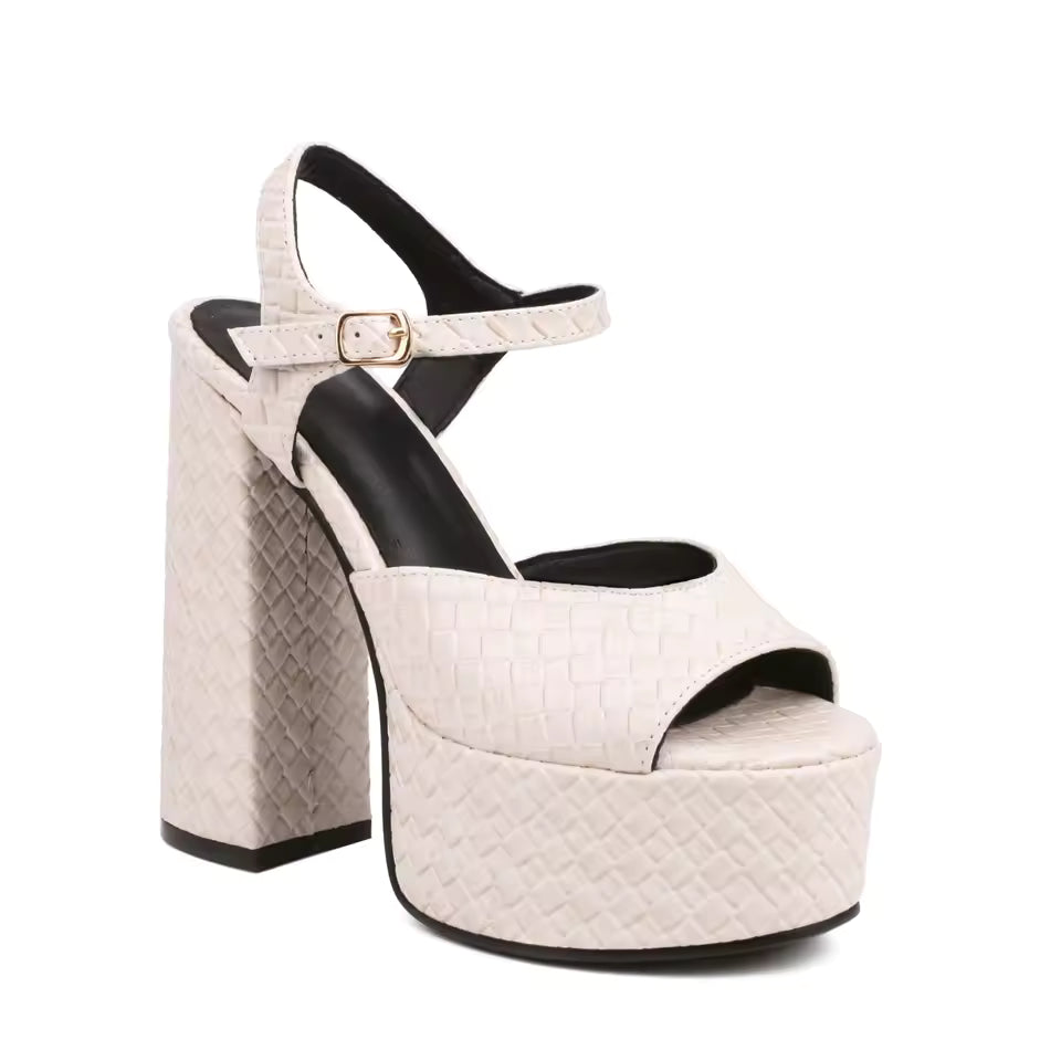 Elegant Ankle Strap Woven Pattern Platform Peep Toe High Square Heel Sandals