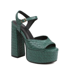 Elegant Ankle Strap Woven Pattern Platform Peep Toe High Square Heel Sandals