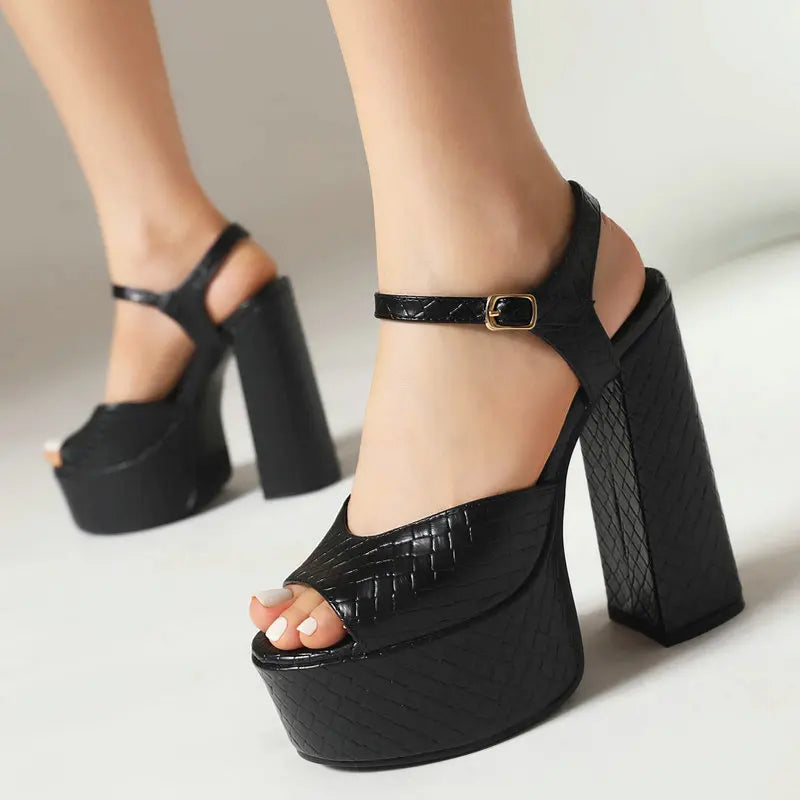 Elegant Ankle Strap Woven Pattern Platform Peep Toe High Square Heel Sandals