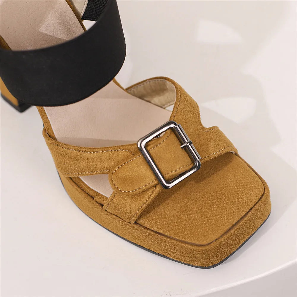 Elegant Back Strap Platform Sandals Thick High Heels Suede Sandals