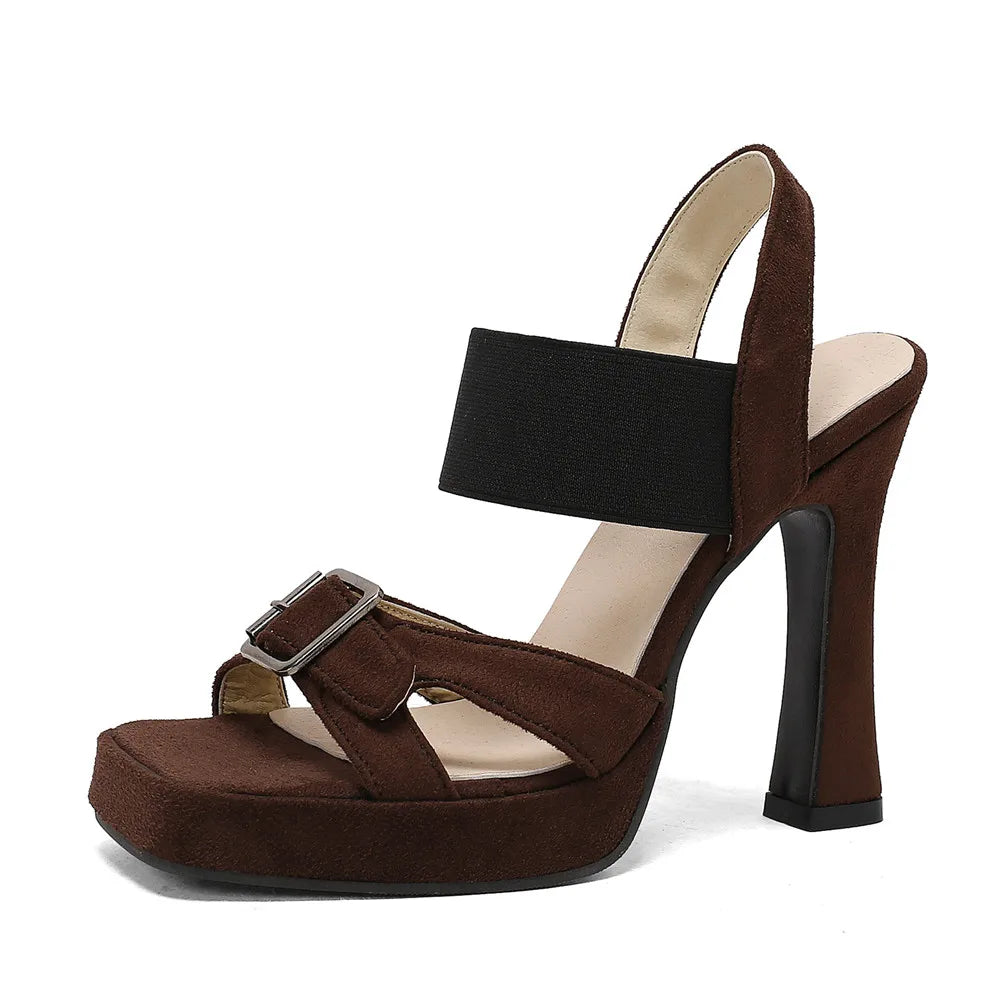 Elegant Back Strap Platform Sandals Thick High Heels Suede Sandals